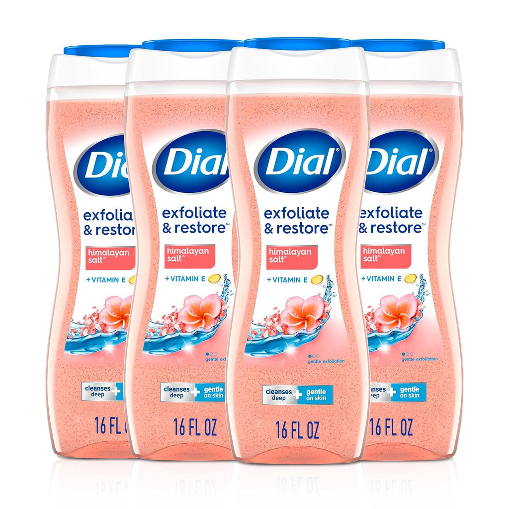 Dial Body Wash, Hydraclean Complex & Vitamin E, Gentle, Leaves Skin Feeling Nourished, Dermatologist-Tested, No Parabens & Sulfates, Exfoliate & Restore, Himalayan Salt, 16 Fl Oz (Pack of 4)