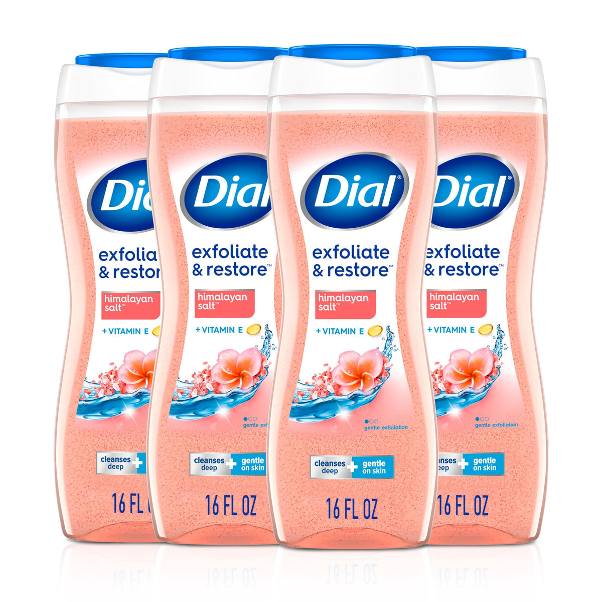 Dial Body Wash, Hydraclean Complex & Vitamin E, Gentle, Leaves Skin Feeling Nourished, Dermatologist-Tested, No Parabens & Sulfates, Exfoliate & Restore, Himalayan Salt, 16 Fl Oz (Pack of 4)