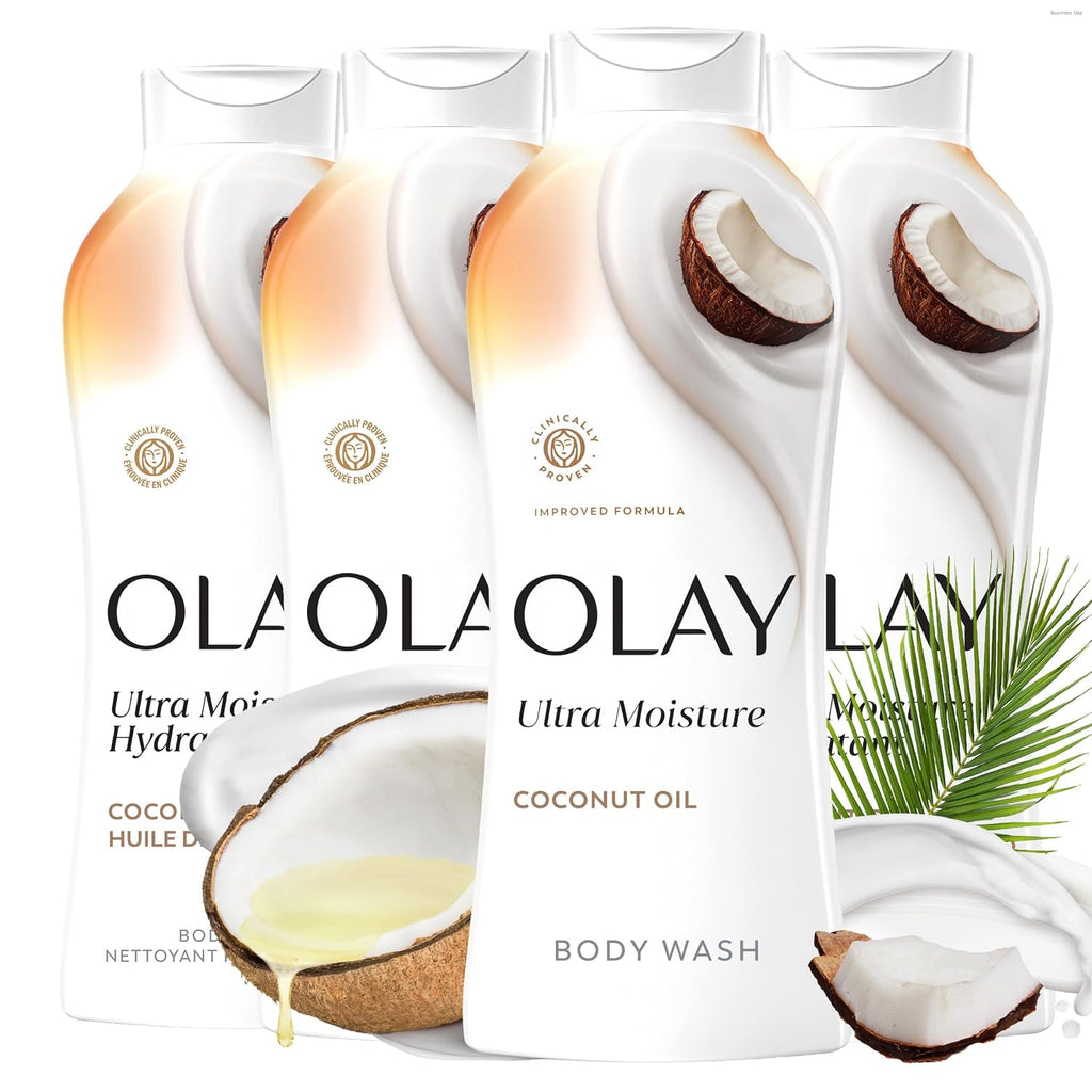 Olay Body Wash for Women, Ultra Moisture, 24hr Moisturizing, Hydrating & Refreshing, B3 Vitamin Complex, Free of Parabens & Phthalates, For All Skin Types, Coconut Oil Scent, 22 fl oz (Pack of 4)