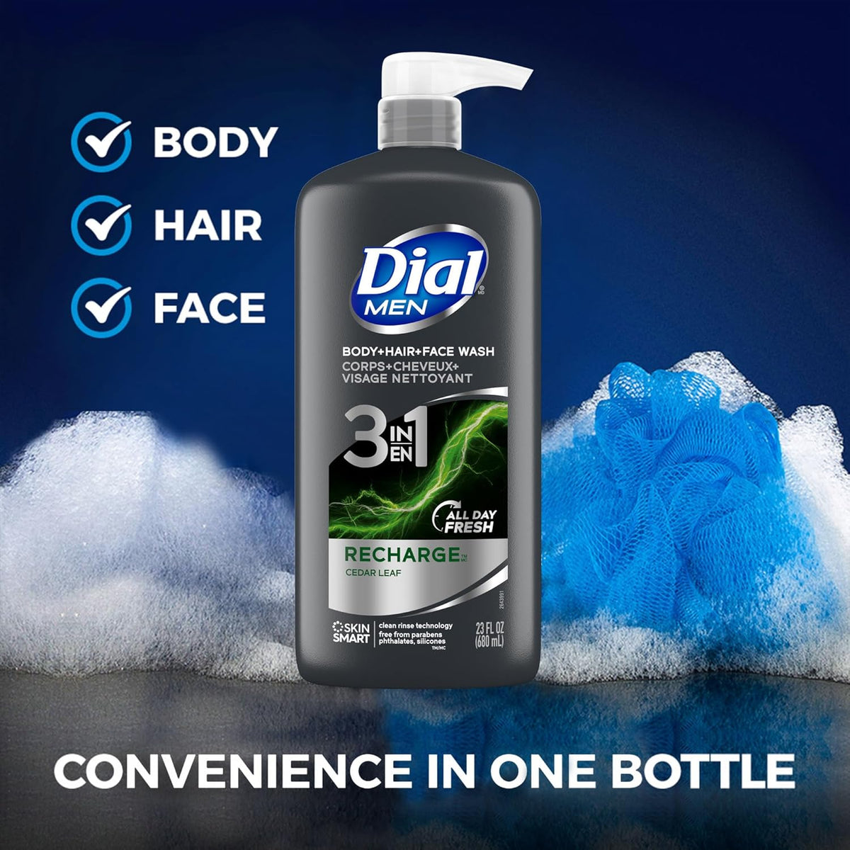 Dial Men 3-in-1 Body, Hair and Face Wash, Recharge, 23 Fl Oz, 3-Pack