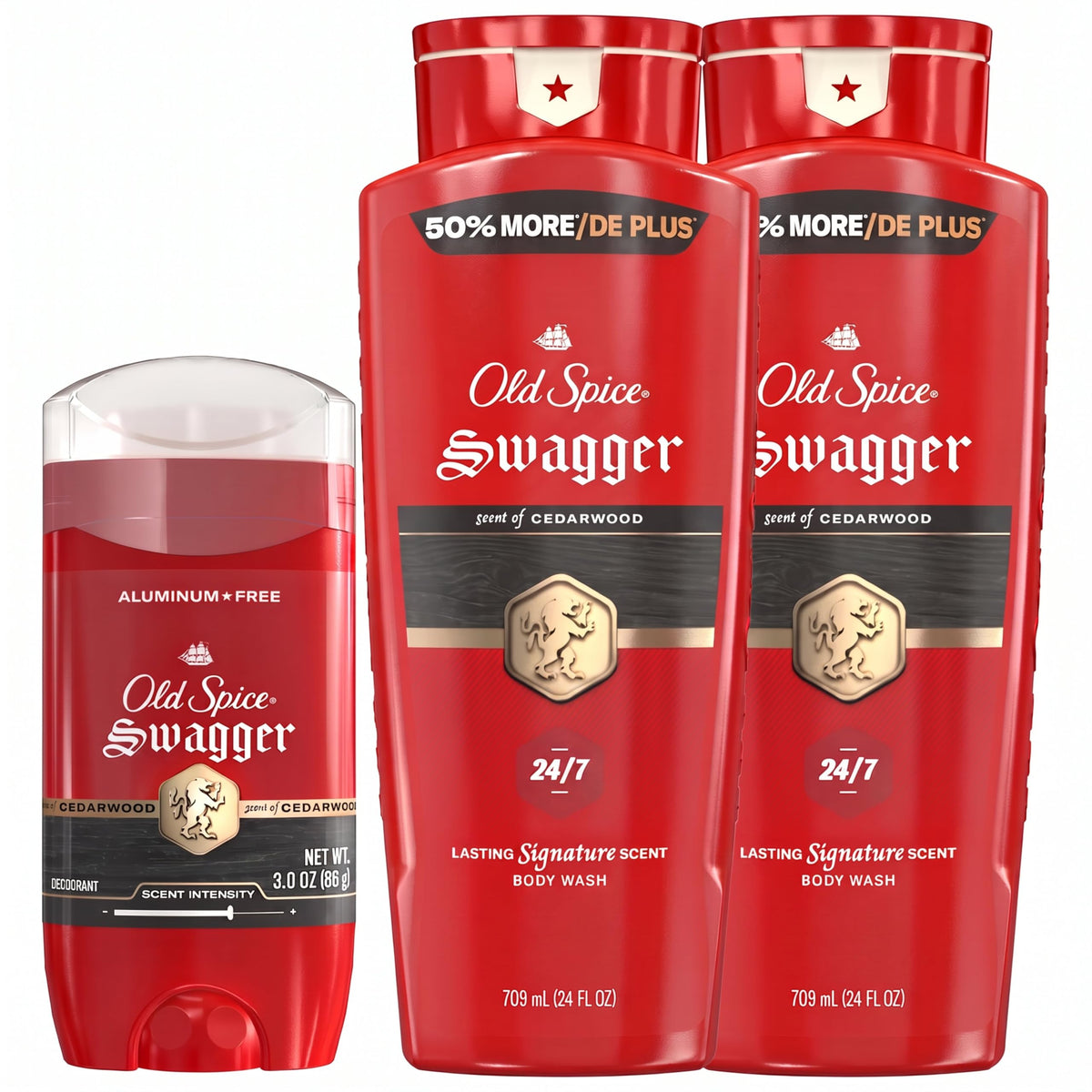 Old Spice Refreshing Body Wash for Men, 3X Defense, 24/7 Shower Fresh with Long Lasting Scent, Red Collection, Swagger with Cedarwood Scent, 24 oz (Pack of 2)