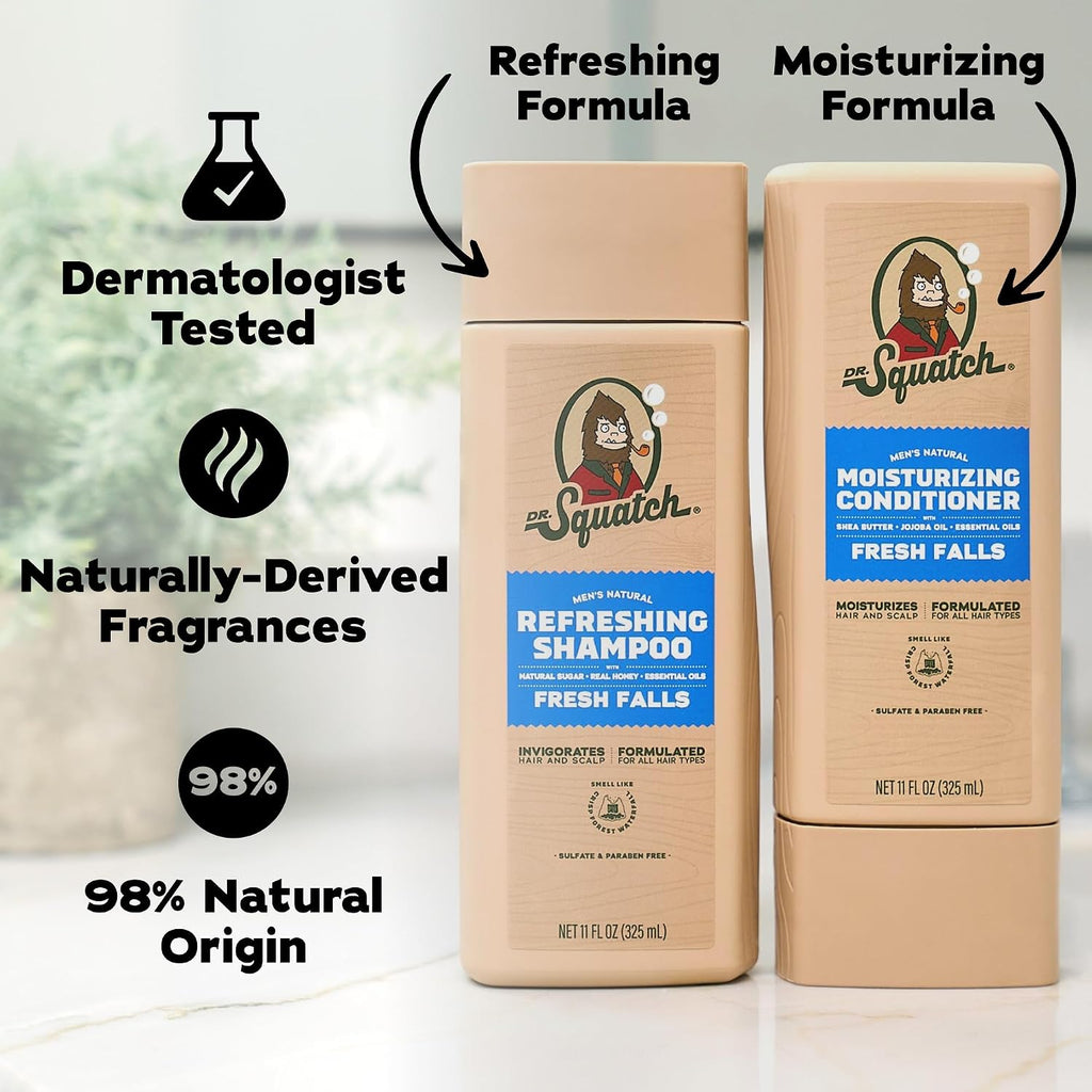 Dr. Squatch Men's Natural Shampoo and Conditioner Set – Sulfate & Paraben Free Natural Shampoo and Conditioner for Men – Scalp Nourishing Formula – Fresh Falls (11 fl oz, 2-Pack)