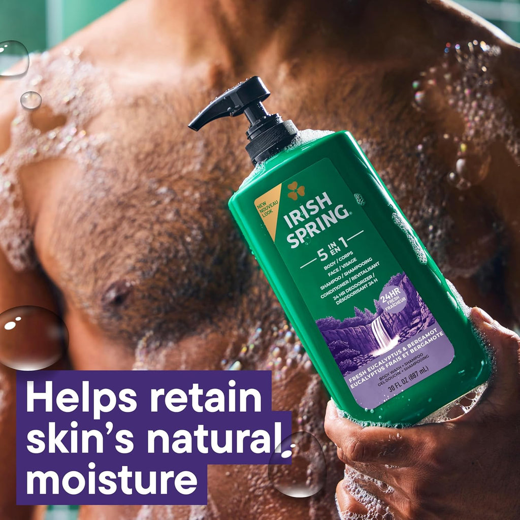 Irish Spring 5 in 1 Body Wash for Men, Fresh Eucalyptus & Bergamot, 887 mL