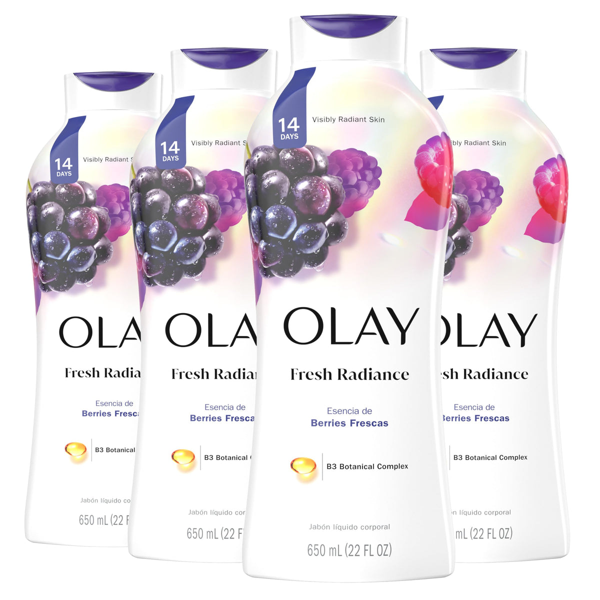 Olay Body Wash for Women, Fresh Radiance, 24/7 Skin-Loving Freshness, Visibly Radiant, Plant Based Cleansers, Vitamin B3 & Antioxidant Blend, For All Skin Types, Orchid & Black Currant Scent, 22 fl oz