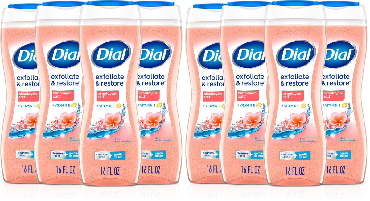 Dial Body Wash, Hydraclean Complex & Vitamin E, Gentle, Leaves Skin Feeling Nourished, Dermatologist-Tested, No Parabens & Sulfates, Exfoliate & Restore, Himalayan Salt, 16 Fl Oz (Pack of 4)
