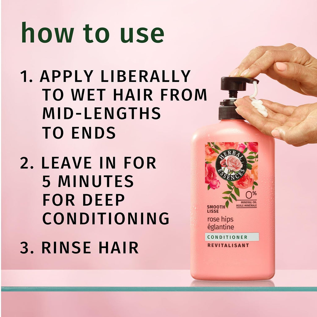 Herbal Essences Conditioner, Rose Hips- Smooth Collection, Shiny Hair with Vitamin E & Jojoba, Safe for Color Treated Hair, Floral Scent, Cruelty-Free, Dermatologist-Tested, 29.2 Fl Oz
