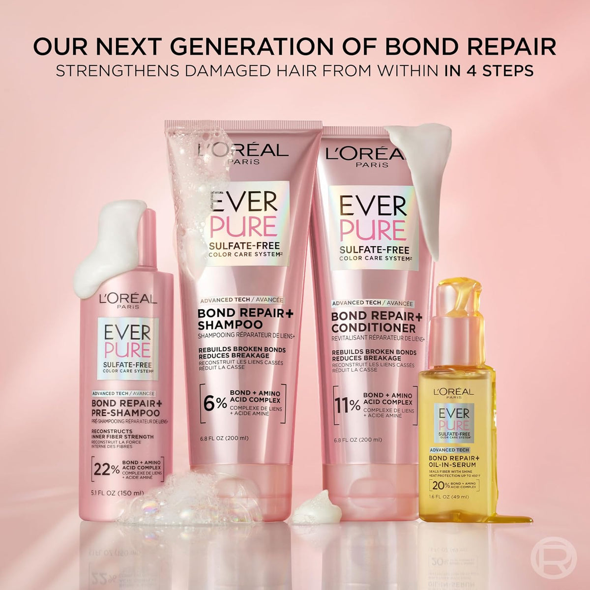 L'Oreal Paris Sulfate Free Bond Repair+ Conditioner, Hair Conditioner with Bond + Amino Acid Complex, Strengthens and Repairs Damaged or Color Treated Hair, EverPure, 23 Fl Oz (Packaging May Vary)