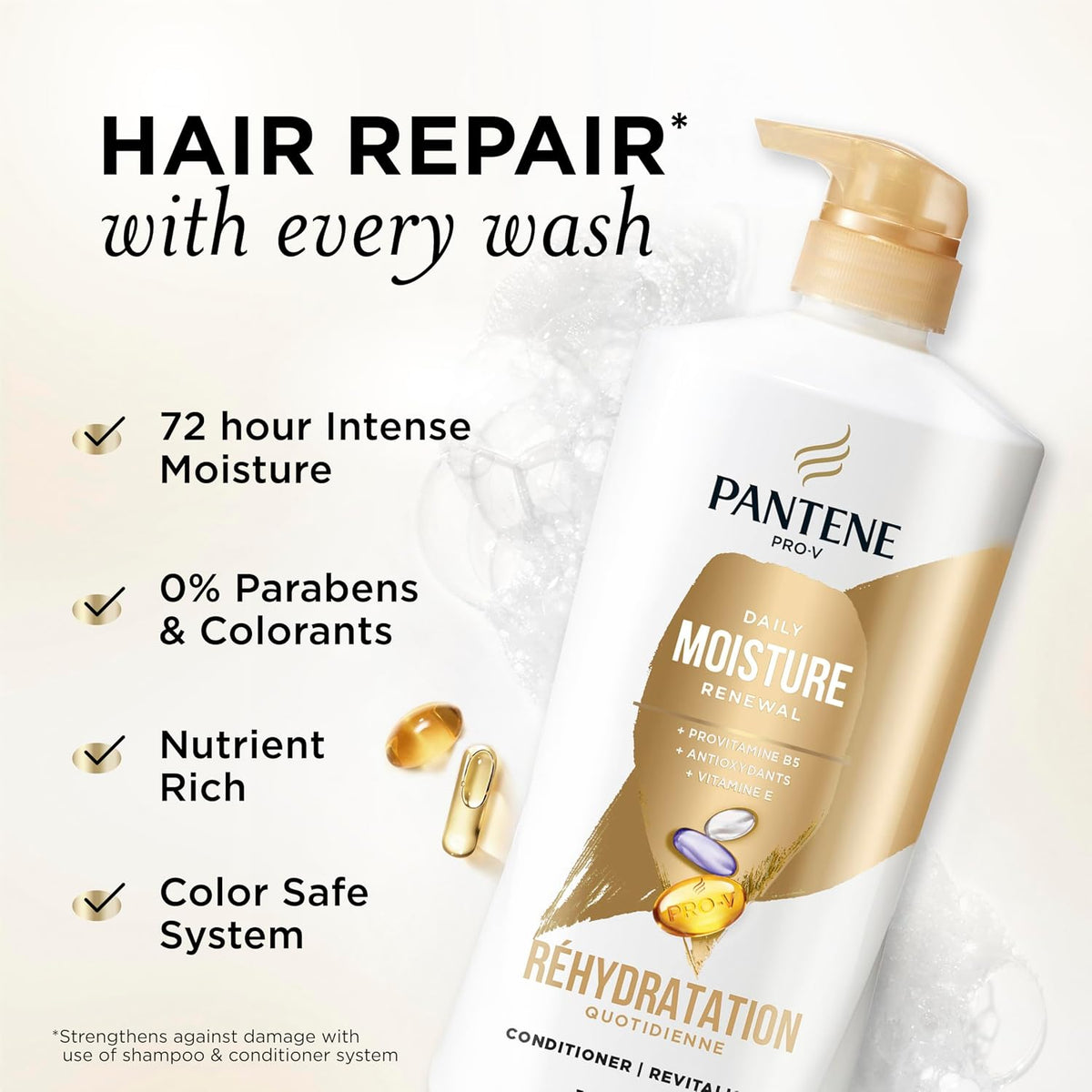 Pantene Conditioner, Daily Moisture Renewal with Vitamin E - Pro-V Nutrients for Dry, Color-Treated, Straight to Curly Hair, 72 Hour Hydration & Softness, Paraben Free, 25.1 Fl Oz