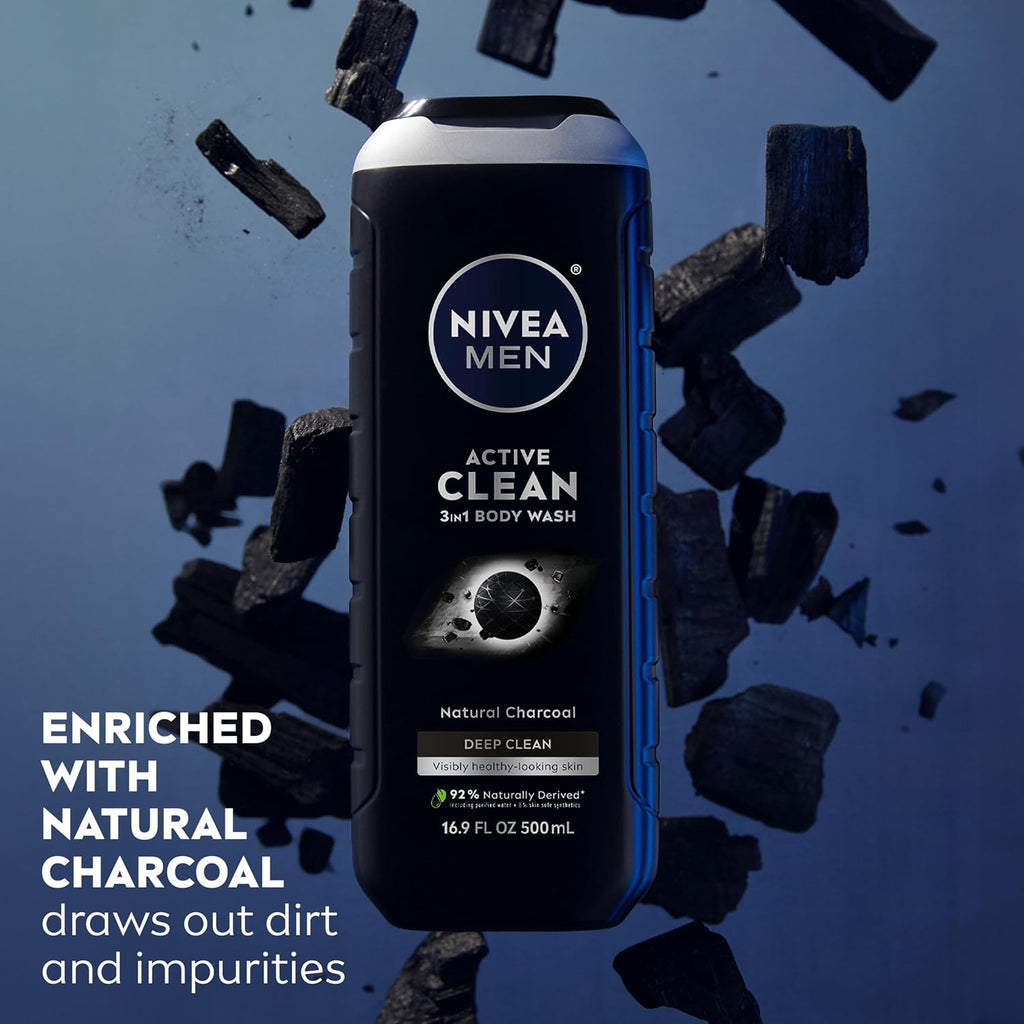 NIVEA MEN Active Clean 3-in-1 Body Wash, Mulitpack, 3 x 16.9 FL OZ