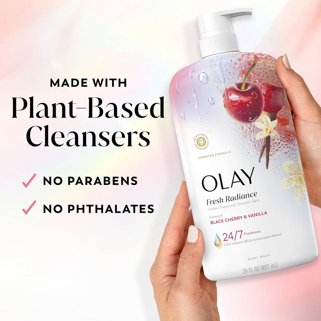 Olay Body Wash for Women, Fresh Radiance, 24/7 Skin-Loving Freshness, Visibly Radiant, Plant Based Cleansers, Vitamin B3 & Antioxidant Blend, For All Skin Types, Black Cherry & Vanilla Scent, 29 fl oz