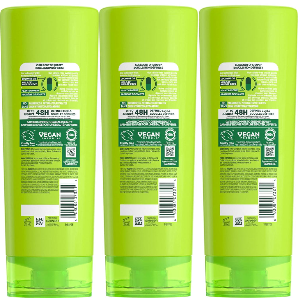Garnier Fructis Curl Nourish Moisturizing Conditioner for Curly Hair, Plant Protein and Coconut Oil Formula, Up to 48HR of Curl Definition, Sulfate Free & Vegan, 12 Fl Oz, 3 Count (Packaging May Vary)