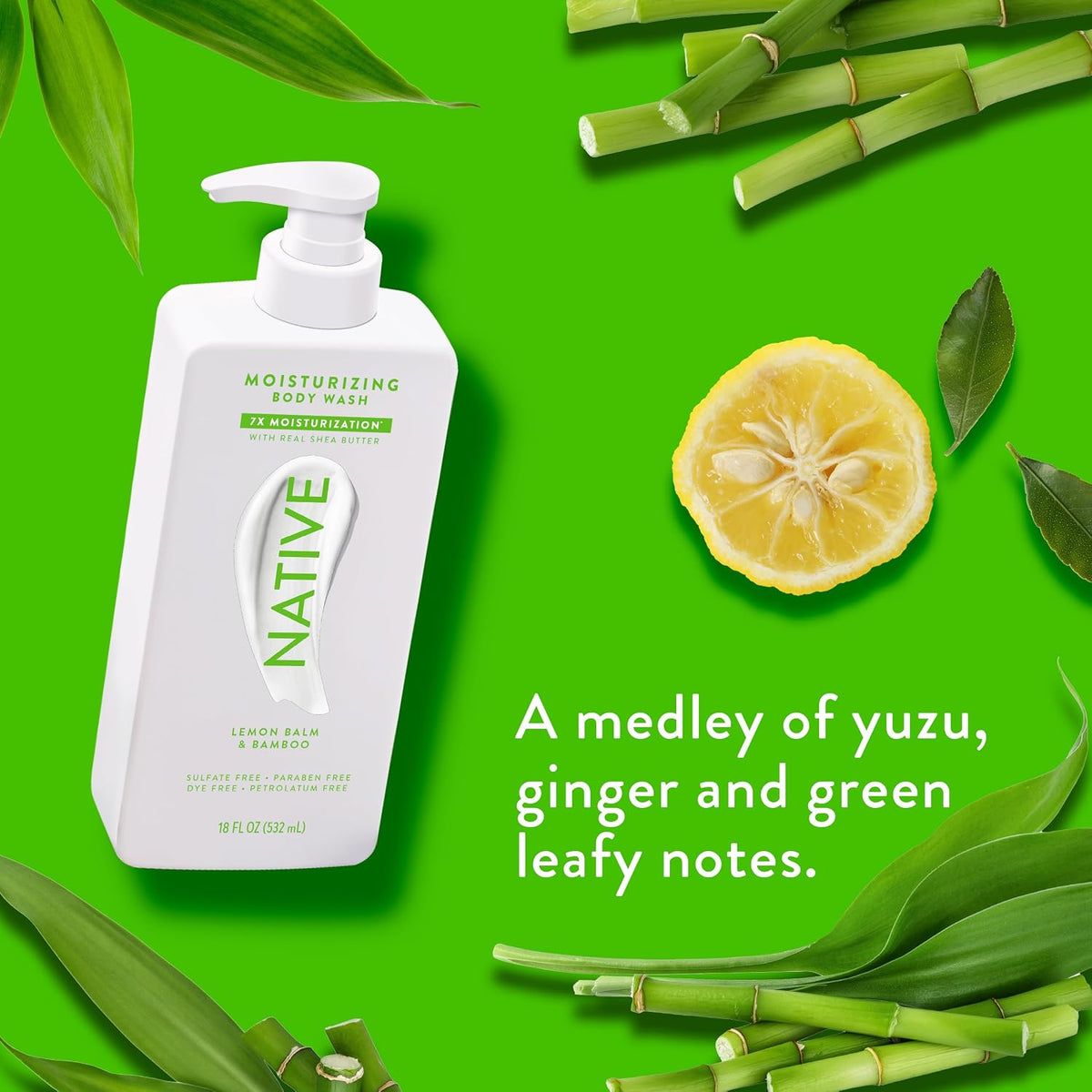 Native Moisturizing Body Wash Contains Naturally Derived Ingredients | For Women & Men, Sulfate, Paraben, & Dye Free Leaving Skin Soft and Hydrated | Lemon Balm & Bamboo 18 oz