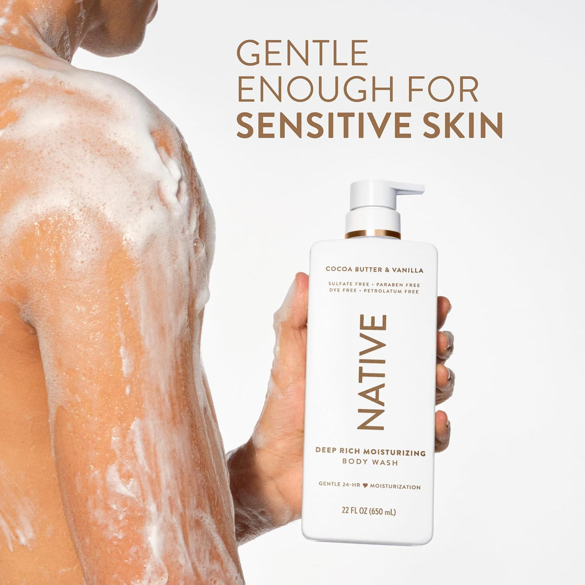 Native Moisturizing Body Wash, Clean & Gentle 24-Hour Hydration with Shea Butter, for Sensitive and Dry Skin, for Women & Men, Sulfate-free, Paraben-free, Cocoa Butter & Vanilla, 22 fl oz