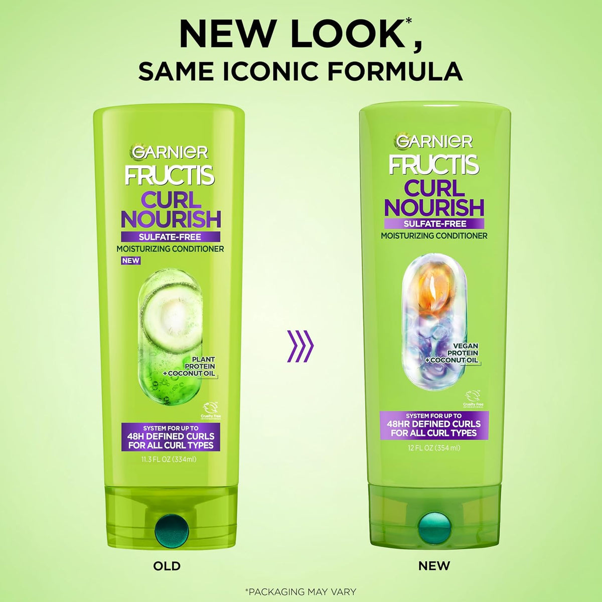 Garnier Fructis Curl Nourish Moisturizing Conditioner for Curly Hair, Plant Protein and Coconut Oil Formula, Up to 48HR of Curl Definition, Sulfate Free & Vegan, 12 Fl Oz, 3 Count (Packaging May Vary)
