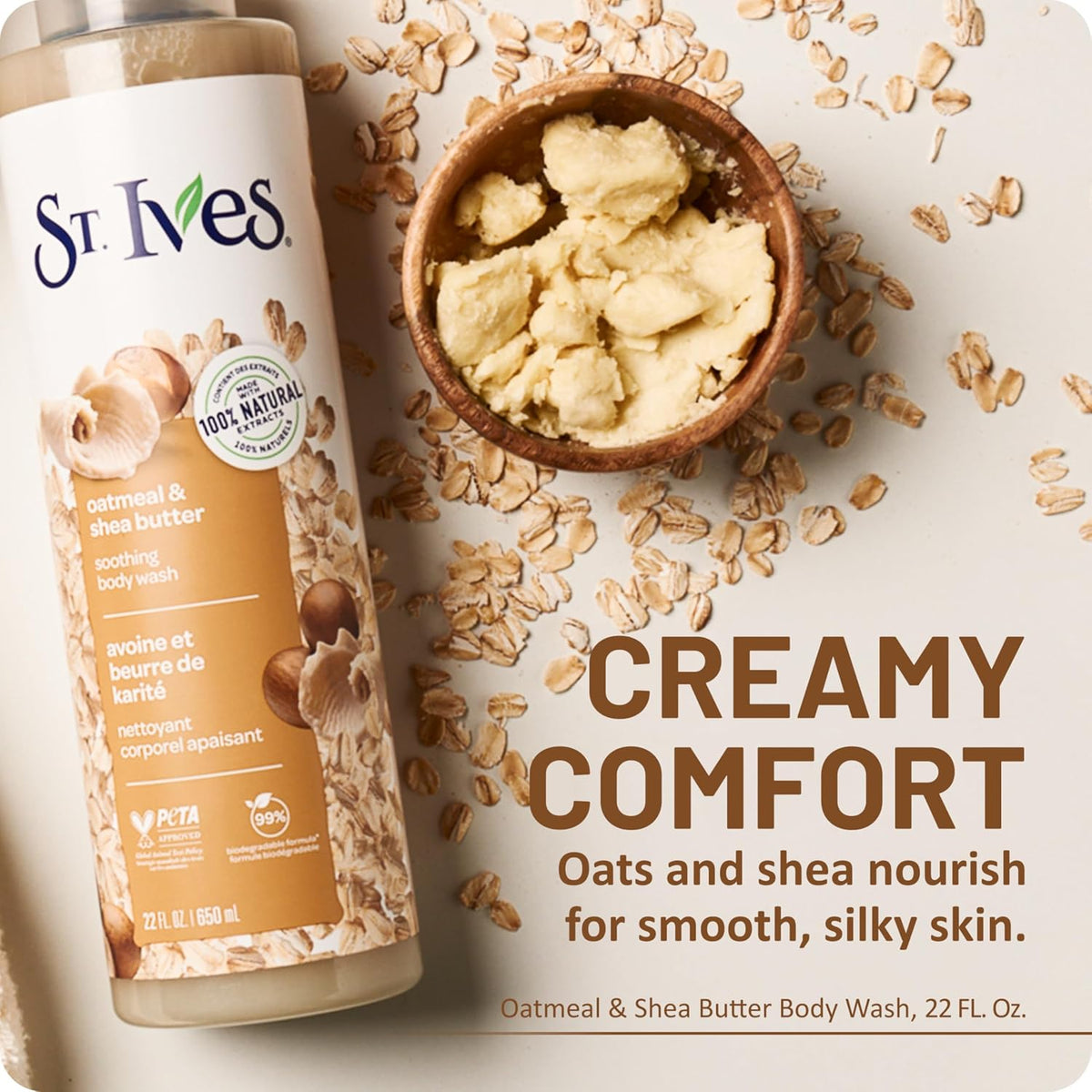 St. Ives Oatmeal & Shea Butter Body Wash, Soothing Body Care with 100% Natural Extracts, Moisturizing Body Soap, Daily Shower Gel Cleanser with Comforting Warm Fragrance, 22oz