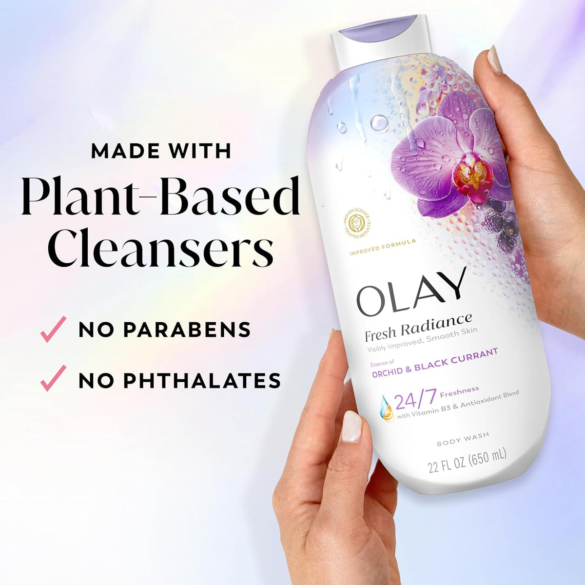 Olay Body Wash for Women, Fresh Radiance, 24/7 Skin-Loving Freshness, Visibly Radiant, Plant Based Cleansers, Vitamin B3 & Antioxidant Blend, For All Skin Types, Orchid & Black Currant Scent, 22 fl oz