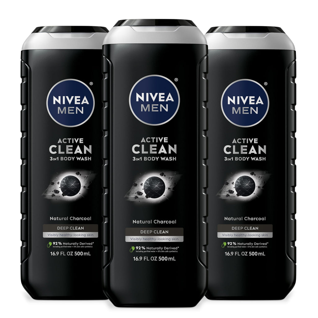 NIVEA MEN Active Clean 3-in-1 Body Wash, Mulitpack, 3 x 16.9 FL OZ