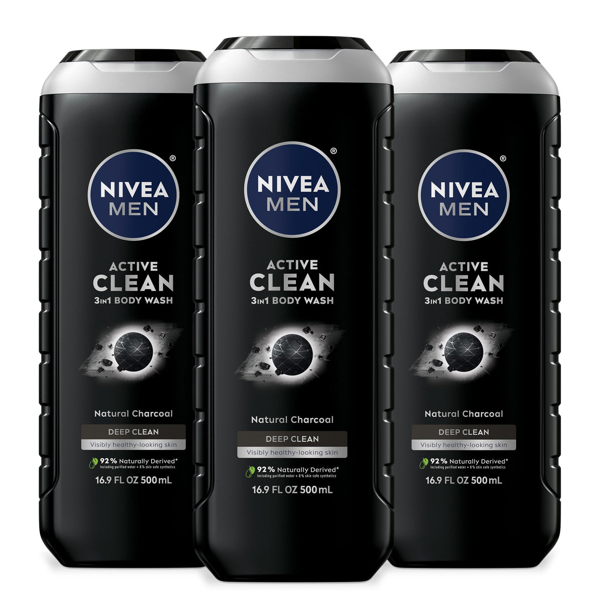 NIVEA MEN Active Clean 3-in-1 Body Wash, Mulitpack, 3 x 16.9 FL OZ