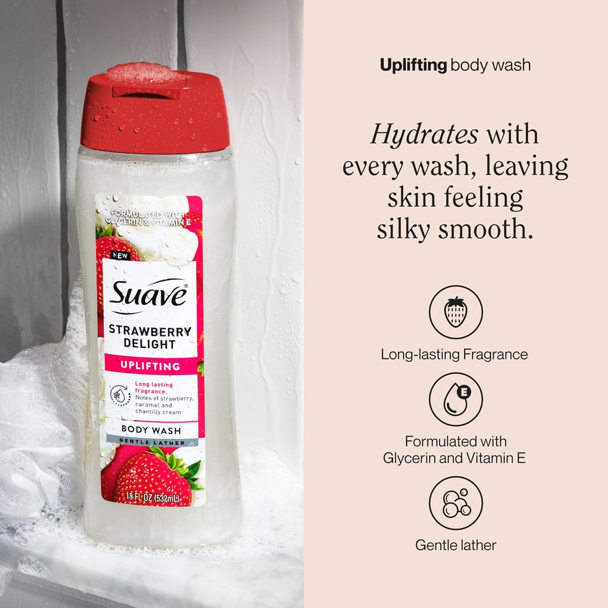 Suave Strawberry Delight Uplifting Body Wash, Formulated with Glycerin and Vitamin E for Hydrating and Gently Cleansing Skin, 18 FL OZ, 6 Pack
