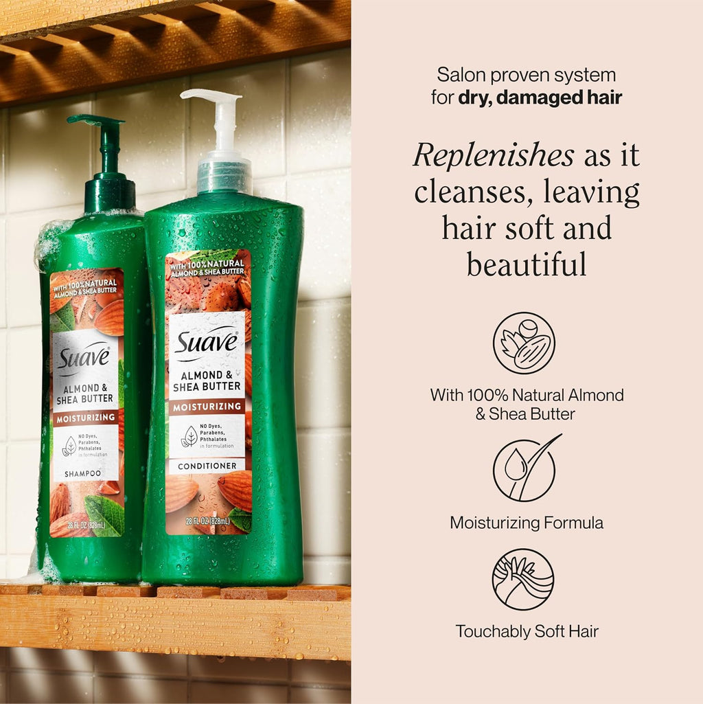 Suave Professionals Moisturizing Shampoo for Dry Hair Almond and Shea Butter Paraben-free and Dye-free 28 oz, Pack of 4