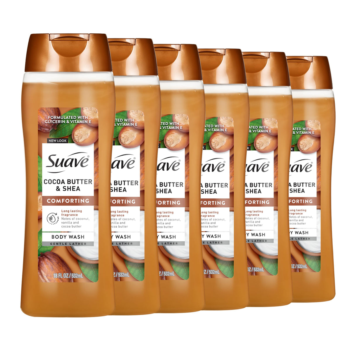 Suave Moisturizing Body Wash, Cocoa Butter and Shea with Vitamin E Extract, No Parabens, No Phtahaltes, 18 Oz Pack of 6