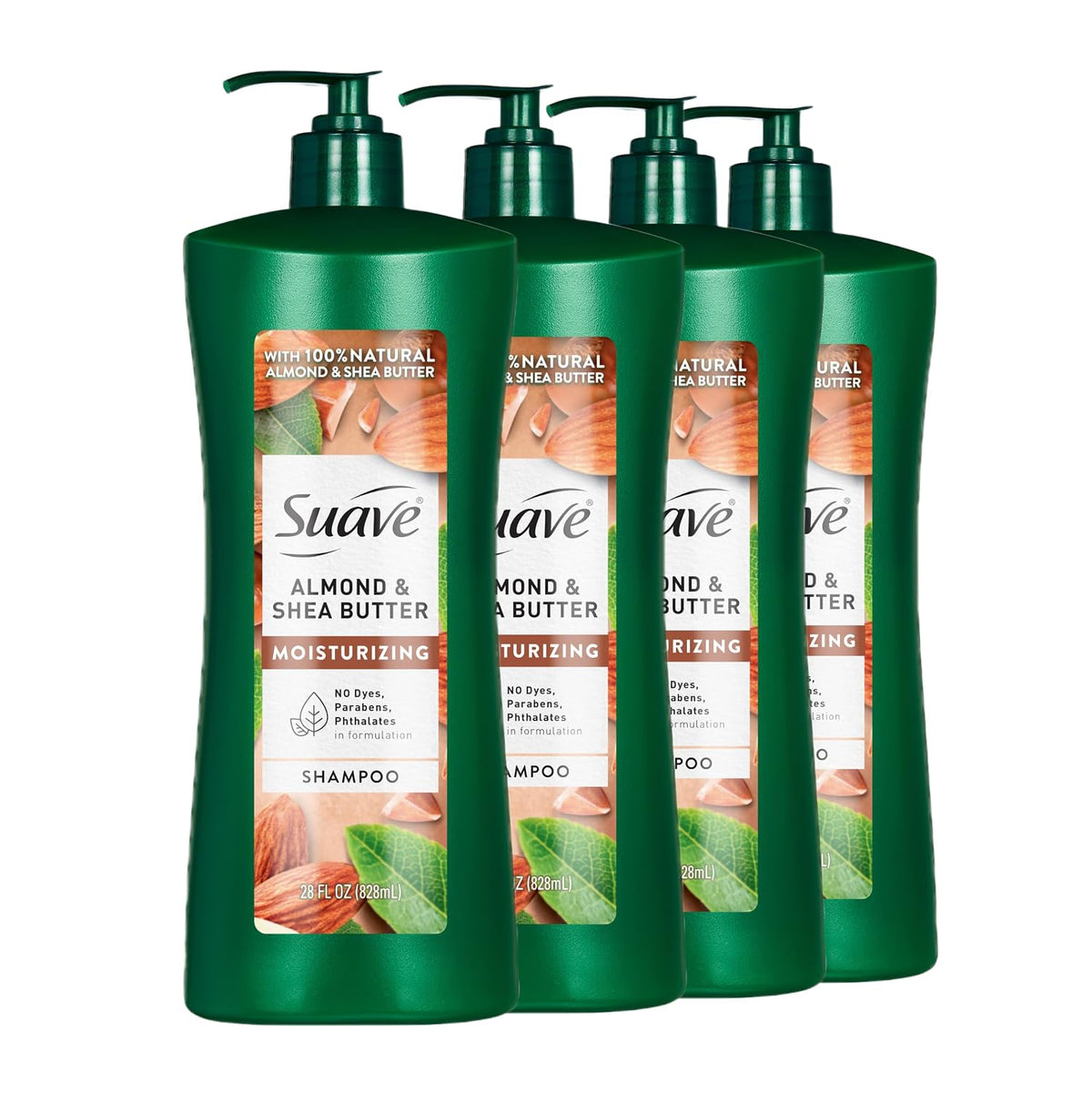 Suave Professionals Moisturizing Shampoo for Dry Hair Almond and Shea Butter Paraben-free and Dye-free 28 oz, Pack of 4