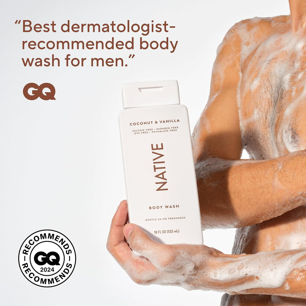 Native Clean Body Wash, Gentle & pH-balanced for Sensitive Skin, 24-Hr Freshness for Women & Men, Vegan & Cruelty-Free, Free of Sulfates, Parabens & Phthalates, Coconut & Vanilla, 18fl oz