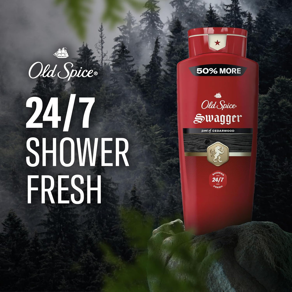 Old Spice Refreshing Body Wash for Men, 3X Defense, 24/7 Shower Fresh with Long Lasting Scent, Red Collection, Swagger with Cedarwood Scent, 24 oz (Pack of 2)