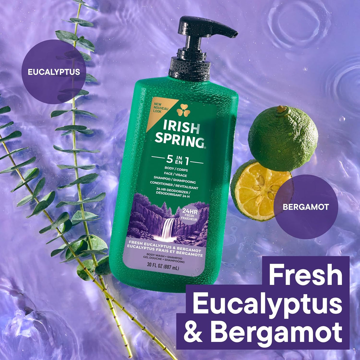 Irish Spring 5 in 1 Body Wash for Men, Fresh Eucalyptus & Bergamot, 887 mL
