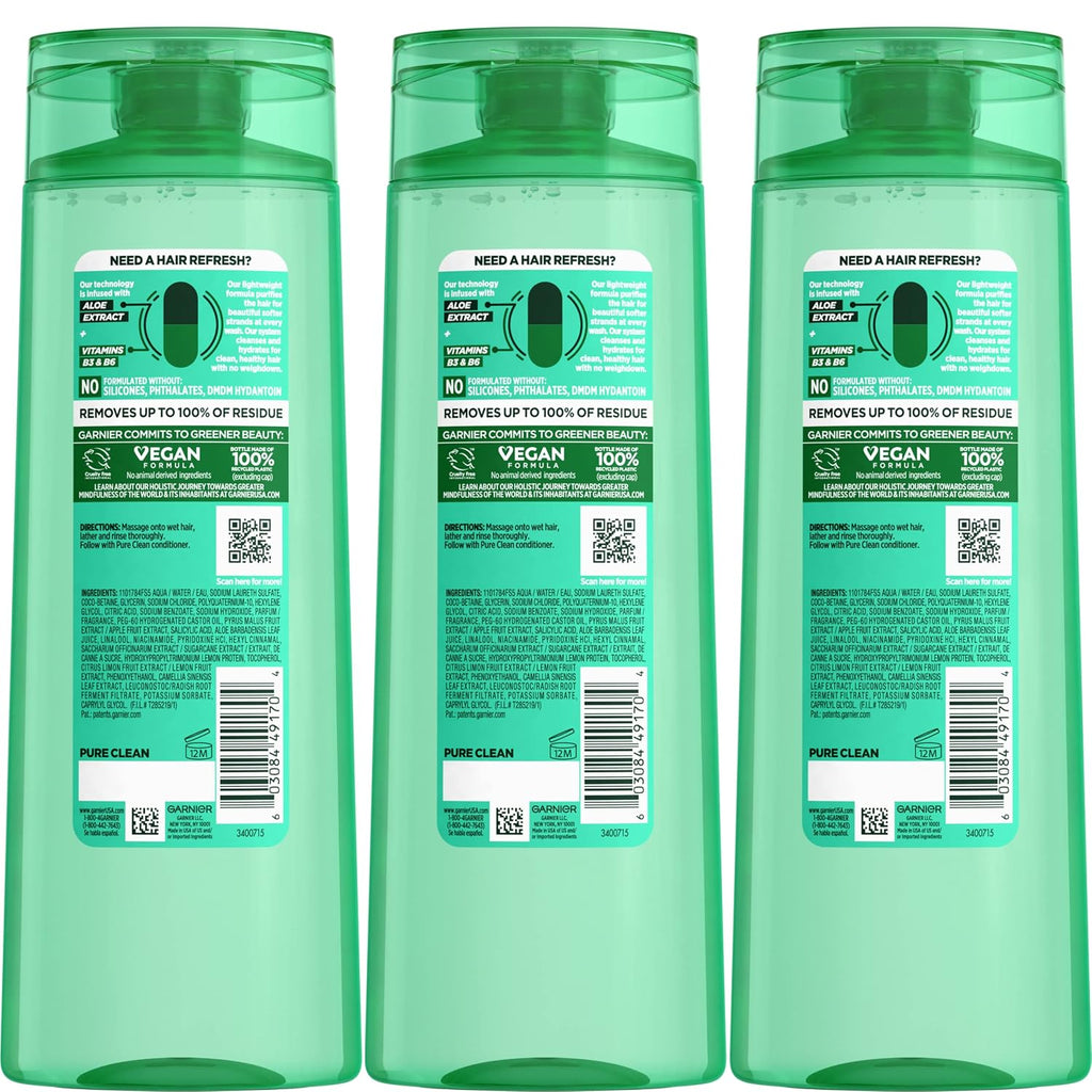 Garnier Fructis Pure Clean Purifying Shampoo, Silicone-Free, 12.5 Fl Oz, 3 Count (Packaging May Vary)