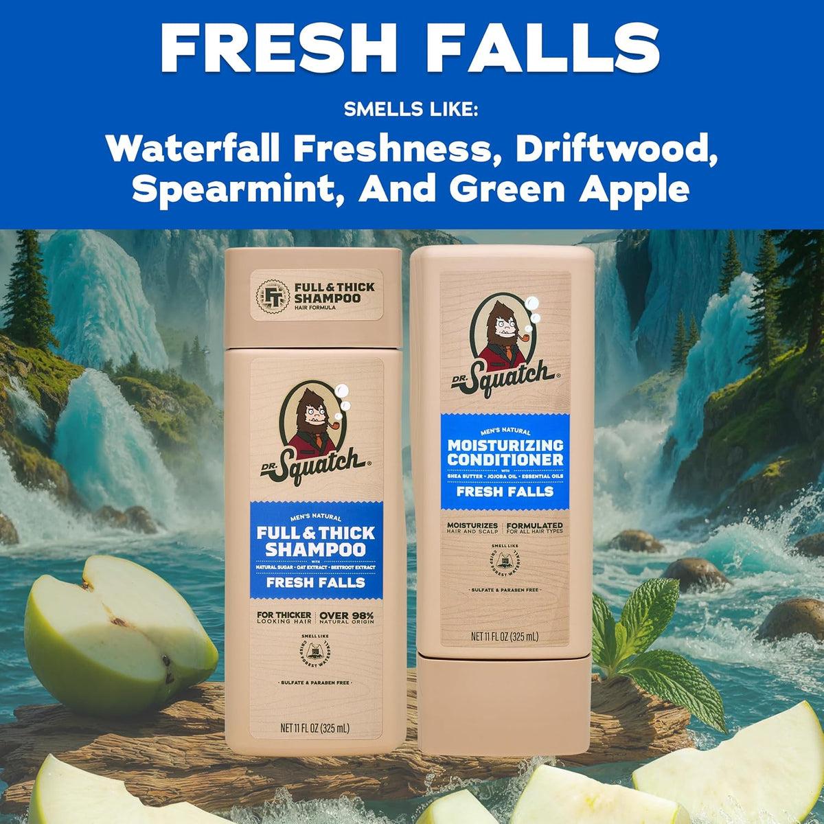 Dr. Squatch Full + Thick Men's Shampoo and Conditioner Set - For Fuller, Thicker-Looking Hair - Natural Shampoo and Conditioner for Men - Fresh Falls (11 fl oz, 2-Pack)