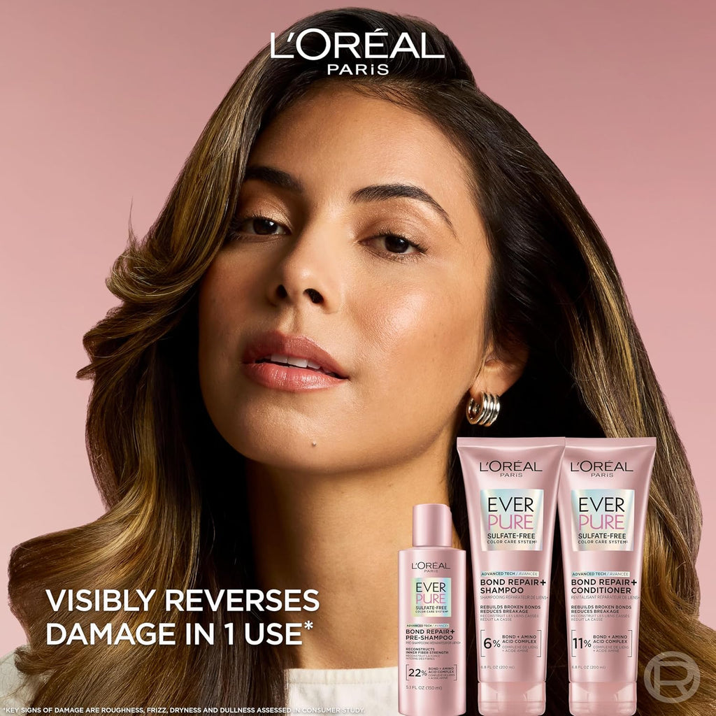 L'Oreal Paris Sulfate Free Bond Repair+ Shampoo, Hair Shampoo with Amino Acid Complex, Strengthens and Repairs Damaged or Color Treated Hair, EverPure, 23 Fl Oz (Packaging May Vary)